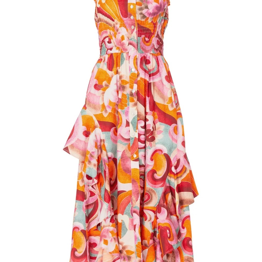 Chufy Pink and Orange Maxi Sundress with Ruched Ruffled Tiers New W/ Tags